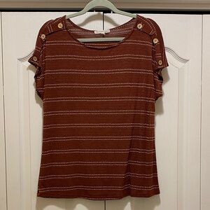 Button-Accent Brown Striped Women's Tee
